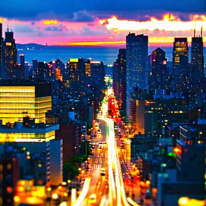 Urban Tilt-shift Photography: Cityscape Of (modern:1.44) Metropolis During Sunrise With Black White