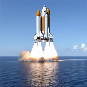 A Large Space Shuttle Is Flying Over The Ocean, With Its Two Rockets Attached