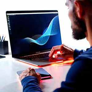 Business Unreal Engine: Tech professional using laptop
