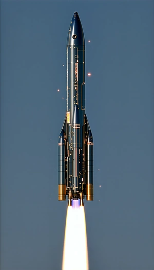 A Rocket Is Shown In A Close-up Shot, With Its Engine Lit Up