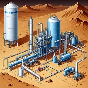 The Image Is A Detailed Drawing Of A Factory With A Large Number Of Pipes And Tanks