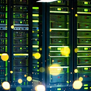Server Rack With Digital Particles With Large, Brightly