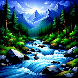 Nature Gouache Painting: Mountain Stream Surrounded By Lush Vegetation With Beautiful Painting