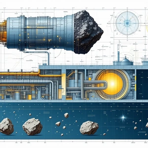 The Image Is A Blueprint Of A Space Station, Featuring A Large Blue Structure With A Central Engine
