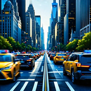 Urban Concept Art: Cityscape Of Downtown District During Rush Hour With Colorful, Artistic