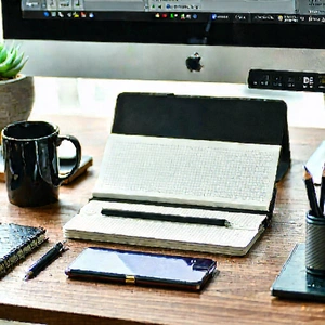 Business Aerial Photography: Workplace With Digital Devices On Desk With Wooden Desk