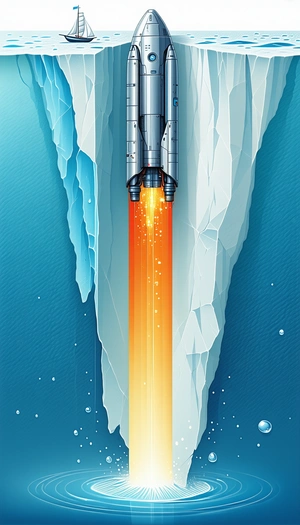 In The Image, There Is A Rocket Ship Flying Through The Air, With A Trail Of Fire Behind It