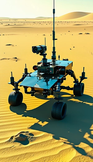 A Robotic Vehicle Is Sitting On A Sandy Surface, Possibly A Desert