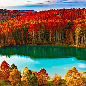 Nature Drone Photography: Crystal Clear Lake Surrounded By Autumn Trees With Serene Lake