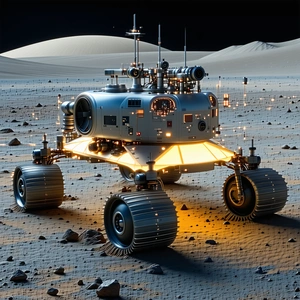 A Futuristic Rover Vehicle On A Rocky Surface, Possibly On The Moon