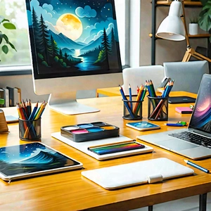 Business Acrylic Painting: Workplace with (digital:1.47) devices on desk