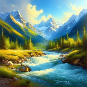 Nature Oil Painting: Rushing River Surrounded By Mountain Peaks With Beautiful Mountain