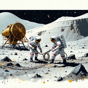 In The Image, Two Astronauts Are Working On A Rope In A Rocky Area, Possibly On The Moon