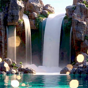 Nature 3D Render: Waterfall pool surrounded by rocky shores