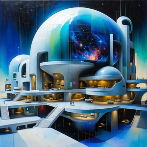Tech Acrylic Painting: (futuristic:1.16) Innovation Hub With Painting Futuristic