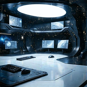 Tech Aerial Photography: (futuristic:1.28) (digital:1.44) Workspace With Futuristic Setting,