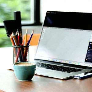 Business Cinema 4d: Workplace With Laptop And Coffee On Desk With Laptop Computer