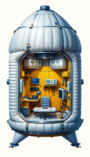 In The Image, There Is A Large, Yellow, And White Spacecraft With A Futuristic Design