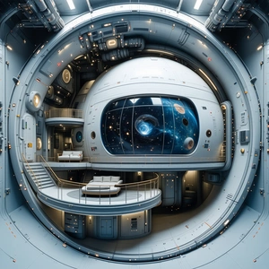 In This Image, There Is A Large, Futuristic Space Station With A Circular Design