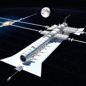 A Large Space Station Is Shown In The Image, With A Moon Visible In The Background