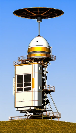 A Large White Tower With A Yellow Top Is Standing Tall In The Sky