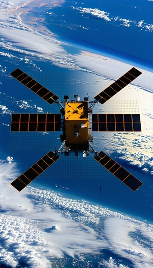 A Large Satellite With A Distinctive Four-sided Design, Floating In The Sky