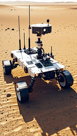 A White Robotic Vehicle With A Camera On Top, Driving Across A Sandy Terrain