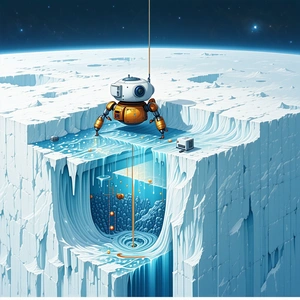 A Futuristic Spacecraft Floating In The Air Above A Frozen Planet