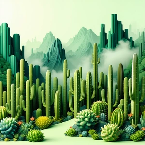 Nature Isometric Design: Cactus In Misty Environment With Lush Green
