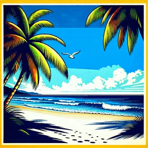 Nature Linocut Print: Clear Sky Over Tropical Beach With Painting Tropical