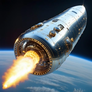 A Space Shuttle Is Shown In A Close-up View, With Its Engine On Fire