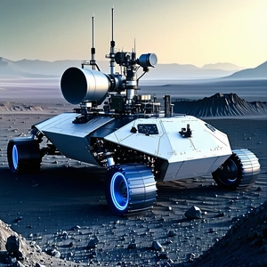 A Futuristic Vehicle, Possibly A Tank Or A Rover, Parked On A Rocky Terrain
