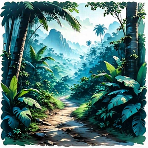 Nature Pencil Sketch: Path Through Tropical Jungle With Colorful Cartoon