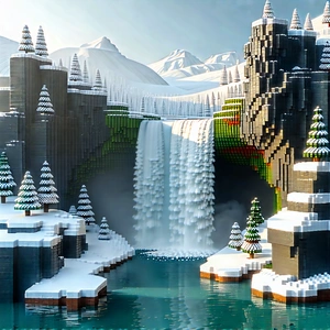 Nature Voxel Art: Waterfall In Winter (snow:1.42) With Image, There