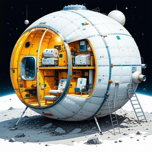 In The Image, There Is A Large, White, And Yellow Spacecraft With A Dome-shaped Structure