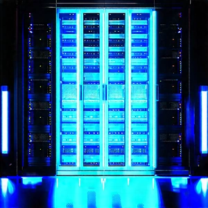 Server Rack With Blue Light Glow With Large Blue
