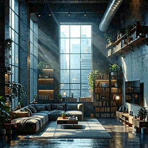 Urban Digital Art: Urban Loft With Dramatic Lighting With Large, Well-lit