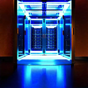 Server Rack With Blue Light Glow With Large, Blue,