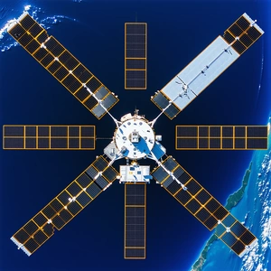 A Large Space Station With A Distinctive X-shaped Design