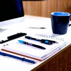 Business Tilt-Shift Photography: Workplace with notebooks and pens on desk