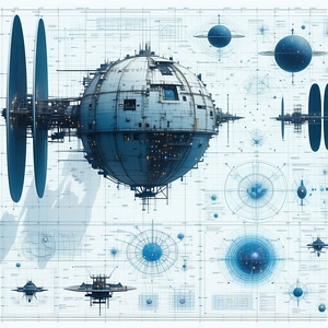 The Image Is A Blue And White Drawing Of A Space Station