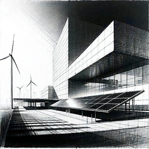 Tech Charcoal Drawing: Innovative Renewable Energy Design With Large Building