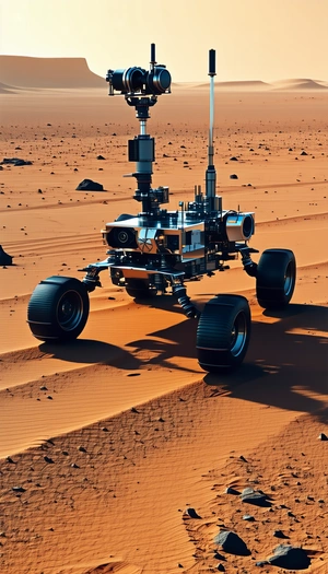A Robotic Vehicle, Possibly A Rover, Driving Across A Sandy Terrain