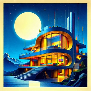 Tech Woodcut Print: (futuristic:1.37) Smart Home With Colorful, Detailed