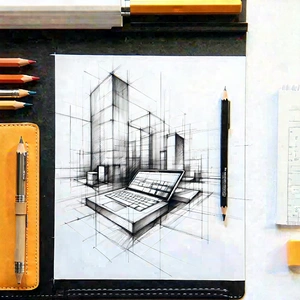 Business Pencil Sketch: Workplace with productivity tools on desk