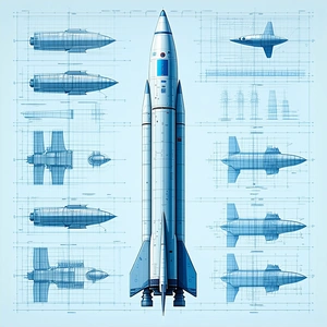 A Blue Rocket Ship Is Shown In A Series Of Blueprints, With Each Section Of The Rocket Being Labeled