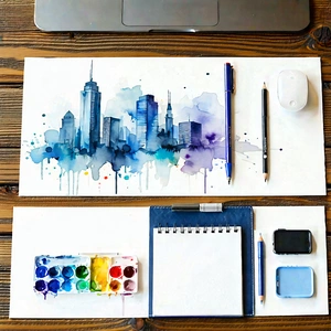 Business Watercolor Painting: Workplace With Digital Devices On Desk With Laptop Computer