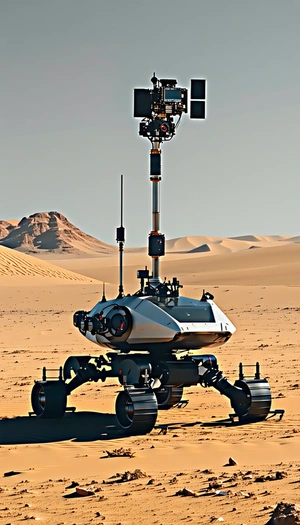 A Large, White, And Silver Robotic Vehicle With A Camera On Top Of It