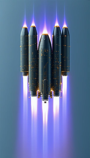 A Spacecraft Is Shown In A Close-up View, With Its Three Engines Glowing Brightly