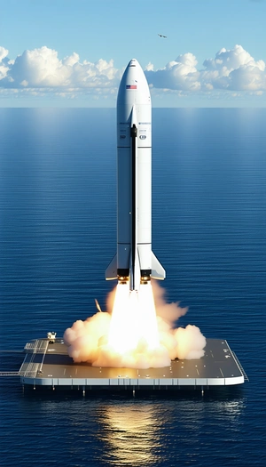 A Rocket Launching From A Platform In The Ocean